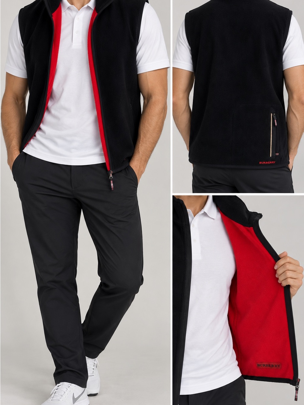 Burberry Men’s Black Red Fleece Golf Vest Full Zip Luxury